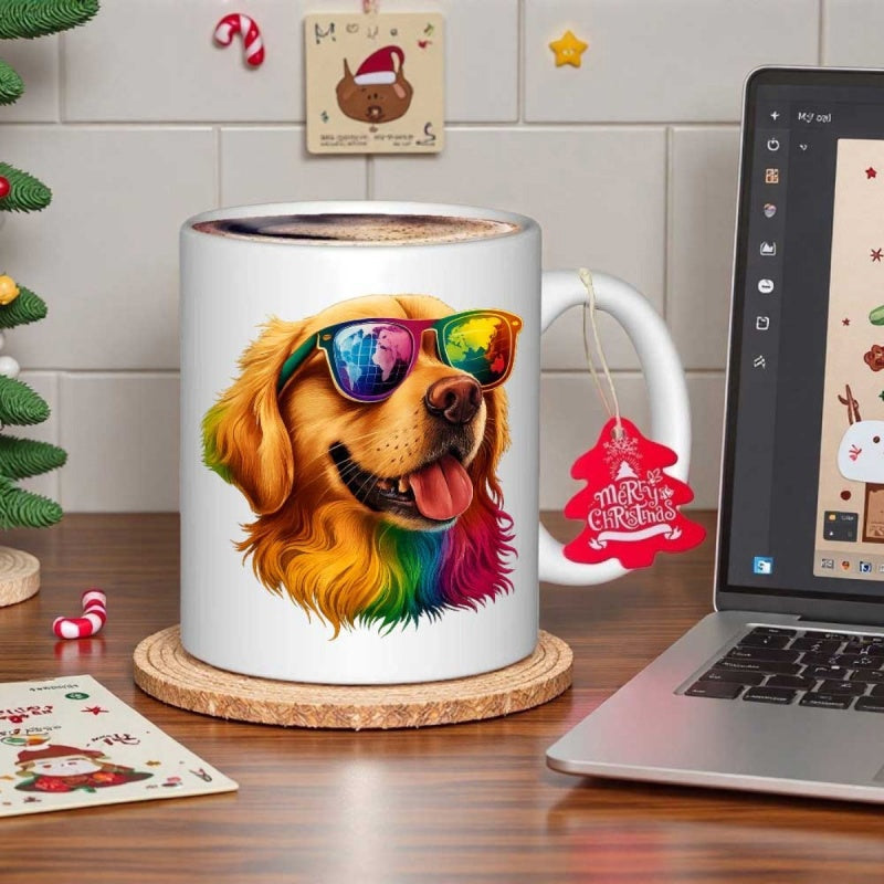 Tailorly White Ceramic 11 oz Mug - Cool Golden Retriever Wearing Stylish Rainbow Sunglasses With Vibrant Colorful Fur Dog