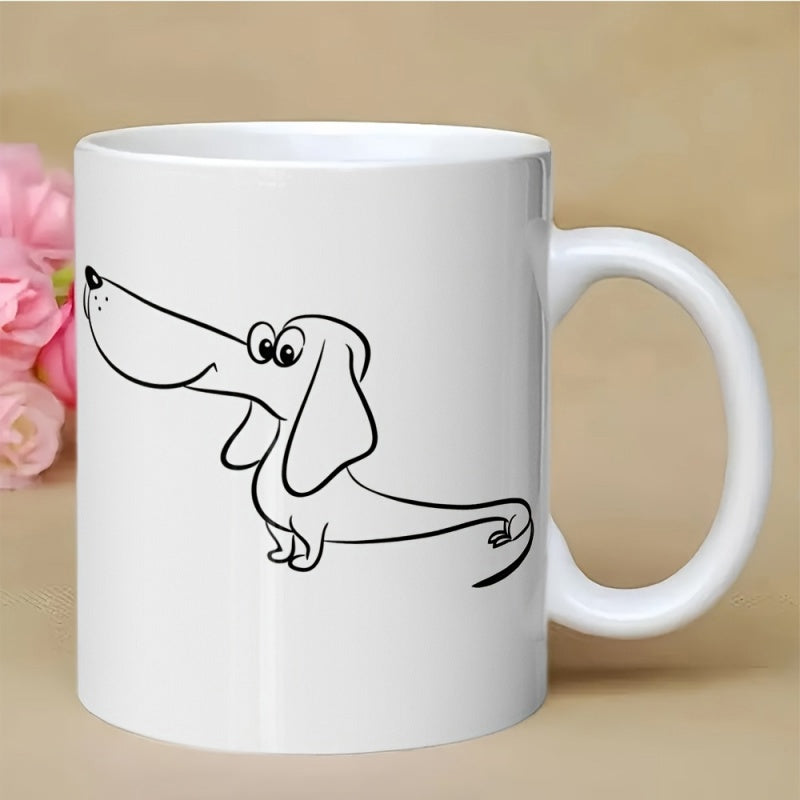 Tailorly White Ceramic 11 oz Mug - Minimalist Black Line Drawing Featuring A Long Cute Cartoon Dachshund