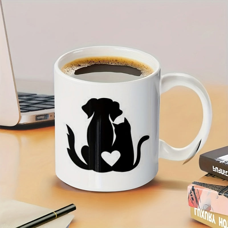 Tailorly White Ceramic 11 oz Mug - Minimalist Black Silhouette Of Loving Dog And Cat Beside A Heart Pets