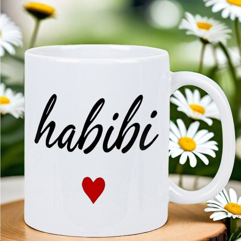 Tailorly White Ceramic 11 oz Mug - Habibi Minimalist Ceramic Design Featuring Elegant Cursive Script And Small Red Heart Mug