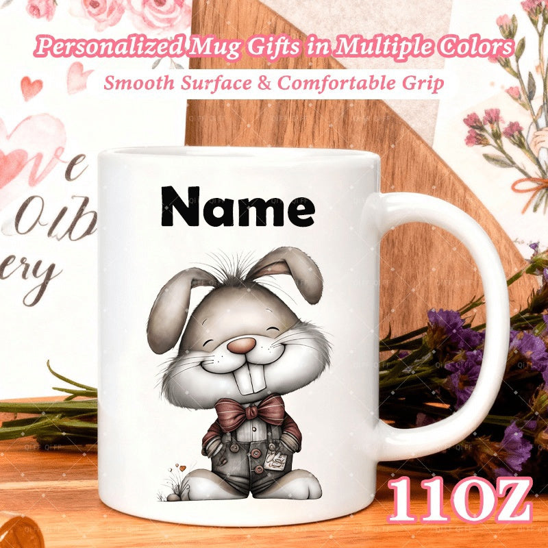 Tailorly White Ceramic 11 oz Mug - Name Adorable Cartoon Rabbit Wearing Small Bow Tie And Stylish Denim Overalls Rabbit