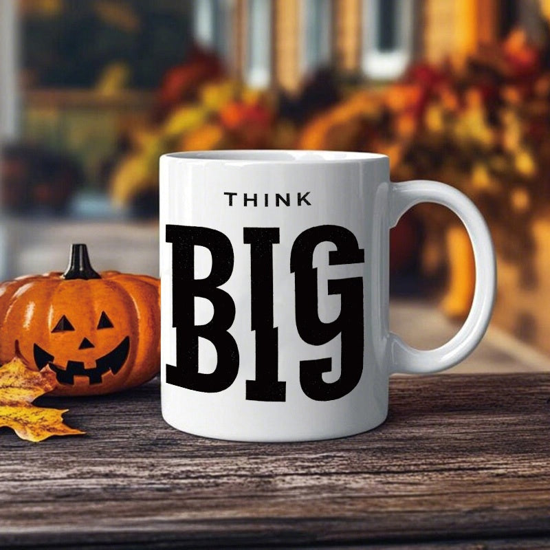 Tailorly White Ceramic 11 oz Mug - Think Big Bold Black Typography Featuring Carved Halloween Jack O Lantern Mug