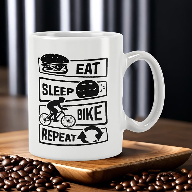 Tailorly White Ceramic 11 oz Mug - Eat Sleep Bike Repeat Minimalist Icons Representing Daily Routine For An Active Cyclist