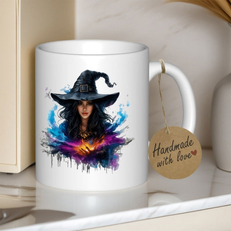 Tailorly White Ceramic 11 oz Mug - Handmade With Love Mystical Lady With Vibrant Colorful Magic Swirling Around Her Pointed Hat Witch