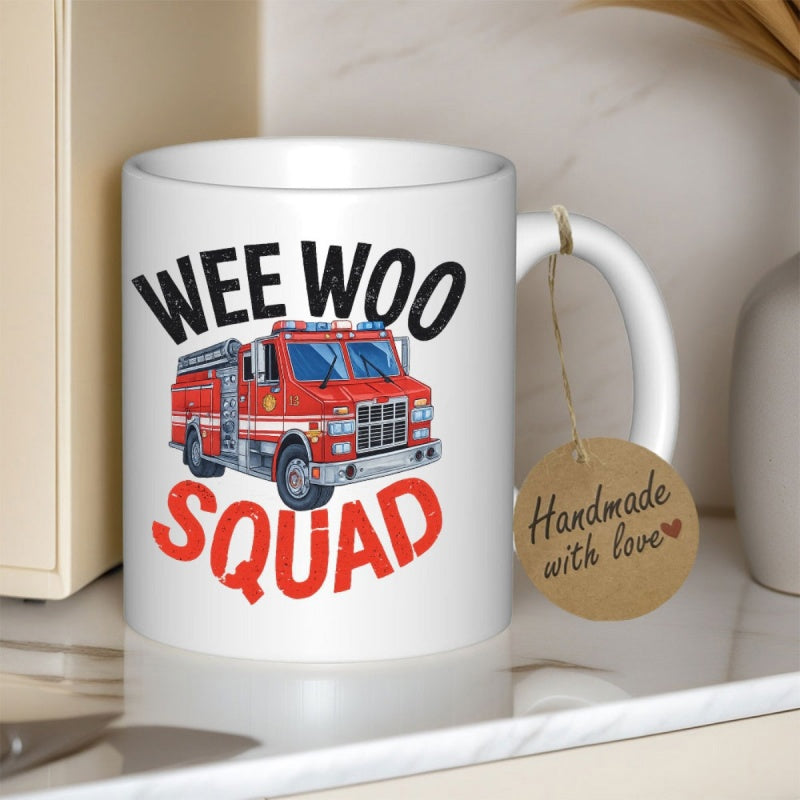 Tailorly White Ceramic 11 oz Mug - Wee Woo Squad Red Emergency Vehicle With Ladder And Lights Firetruck