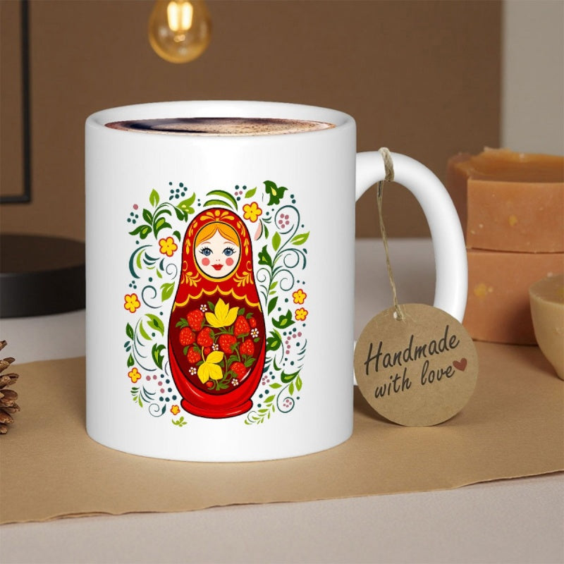 Tailorly White Ceramic 11 oz Mug - Handmade With Love Vibrant Traditional Red Folk Art Style Among Elegant Greenery Floral Nesting Doll