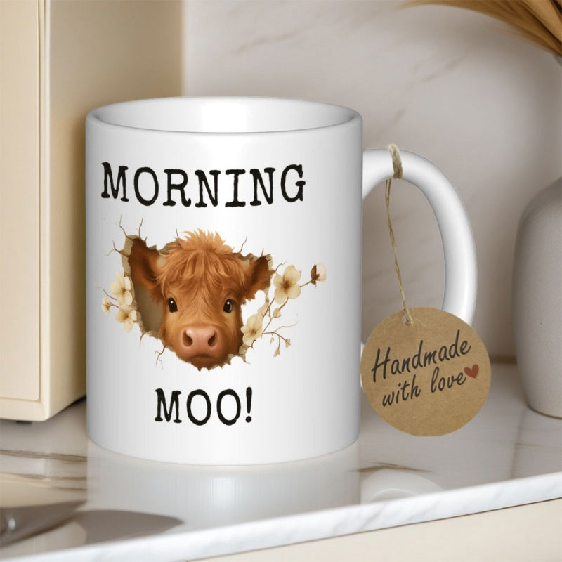 Tailorly White Ceramic 11 oz Mug - Morning Moo Charming Highland Cow Peeking Through Cracks Among Vintage Style Flowers Cow
