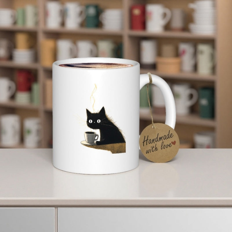 Tailorly White Ceramic 11 oz Mug - Handmade With Love Small Black Kitten Holding A Warm Cup Of Steaming Coffee Cat