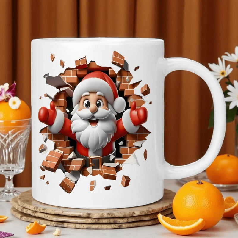 Tailorly White Ceramic 11 oz Mug - Jolly 3D Figure Bursting Through A Realistic Broken Red Brick Wall Santa Claus