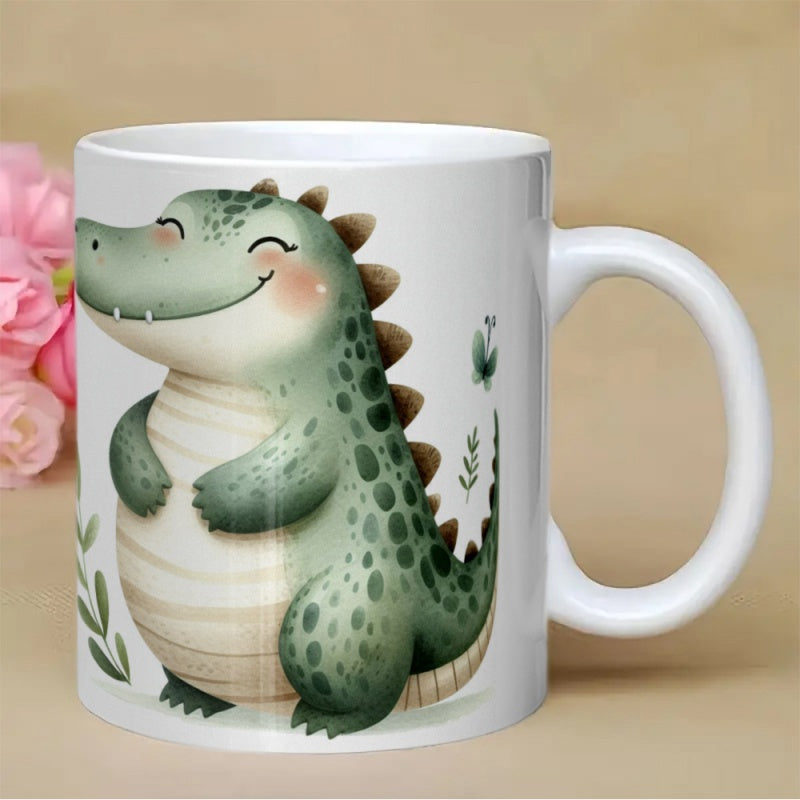 Tailorly White Ceramic 11 oz Mug - Adorable Smiling Green Alligator Featuring Small Spines And Cute Spotted Scales Crocodile