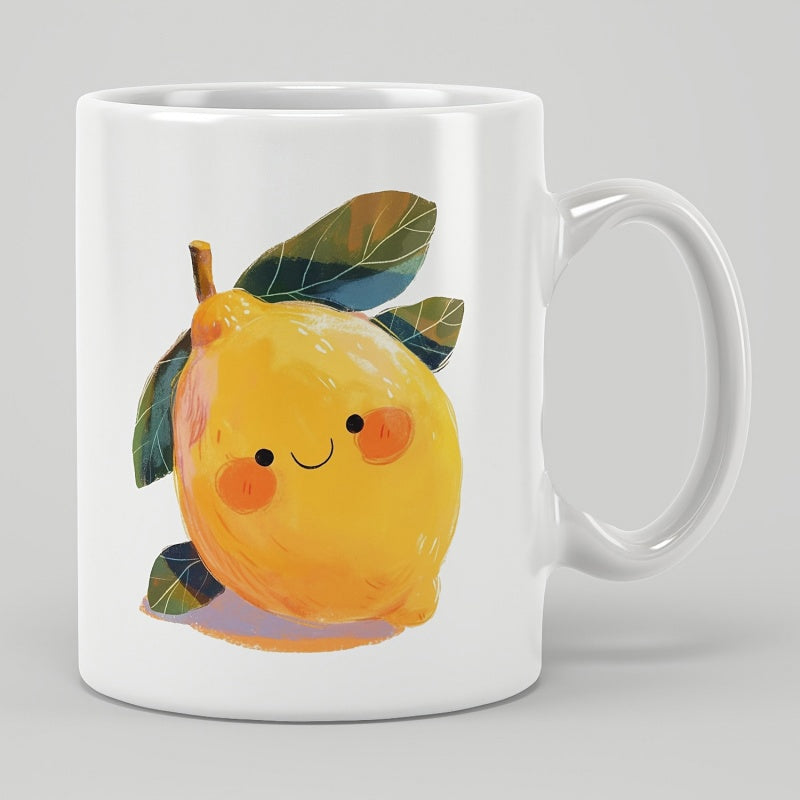 Tailorly White Ceramic 11 oz Mug - Cute Smiling Yellow Fruit With Green Leaves And Artistic Painted Texture Lemon