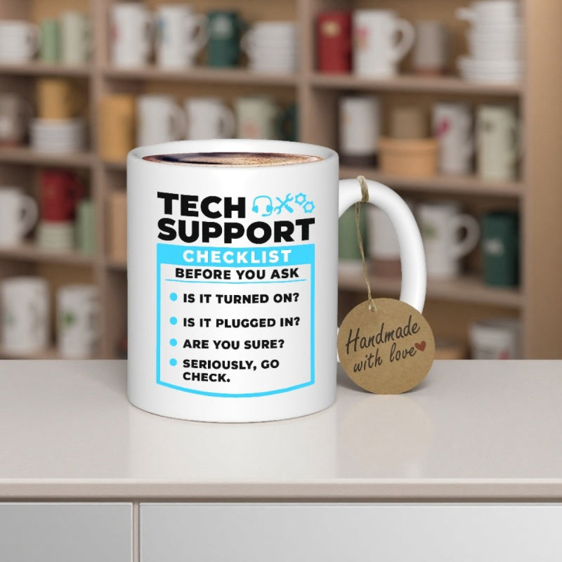 Tailorly White Ceramic 11 oz Mug - Tech Support Checklist Featuring Minimalist Blue Technical Icon Checklist Pattern Mug