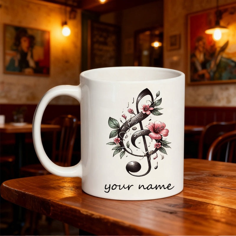 Tailorly White Ceramic 11 oz Mug - Your Name Elegant Artistic Musical Symbol Wrapped In Delicate Pink Blossoming Flowers Treble Clef