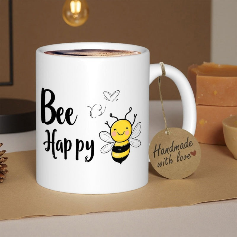 Tailorly White Ceramic 11 oz Mug - Bee Happy Cute Smiling Yellow Bumblebee Flying With Heart Trails Bee