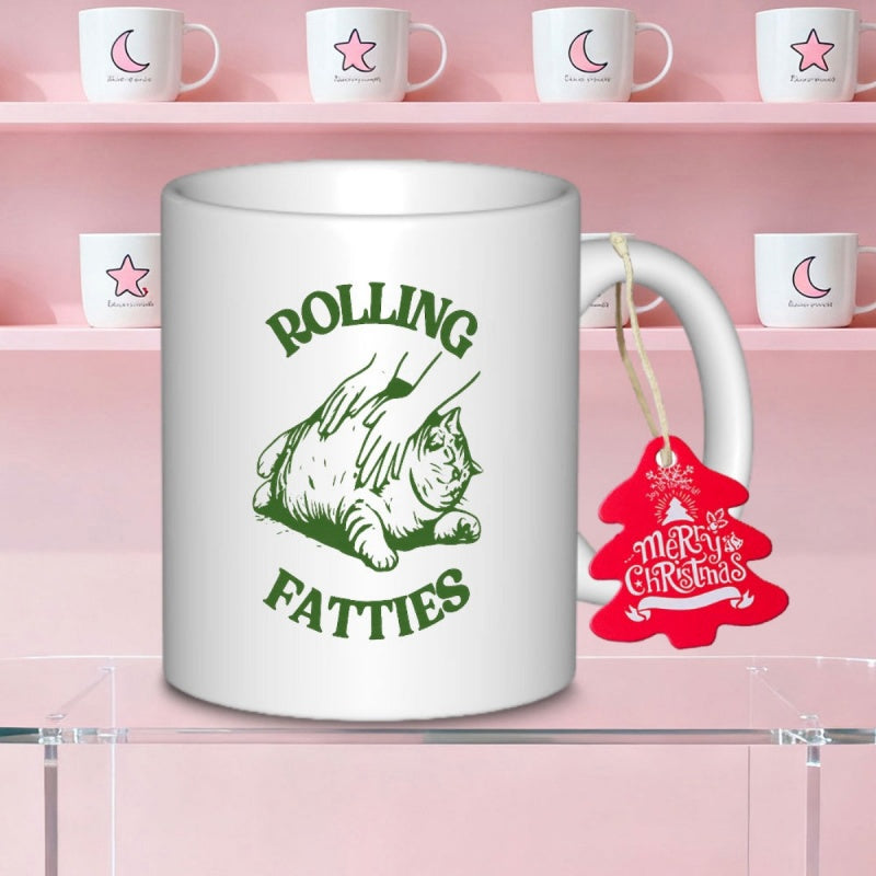 Tailorly White Ceramic 11 oz Mug - Rolling Fatties Vintage Style Illustration Of Hands Kneading A Chubby Cat