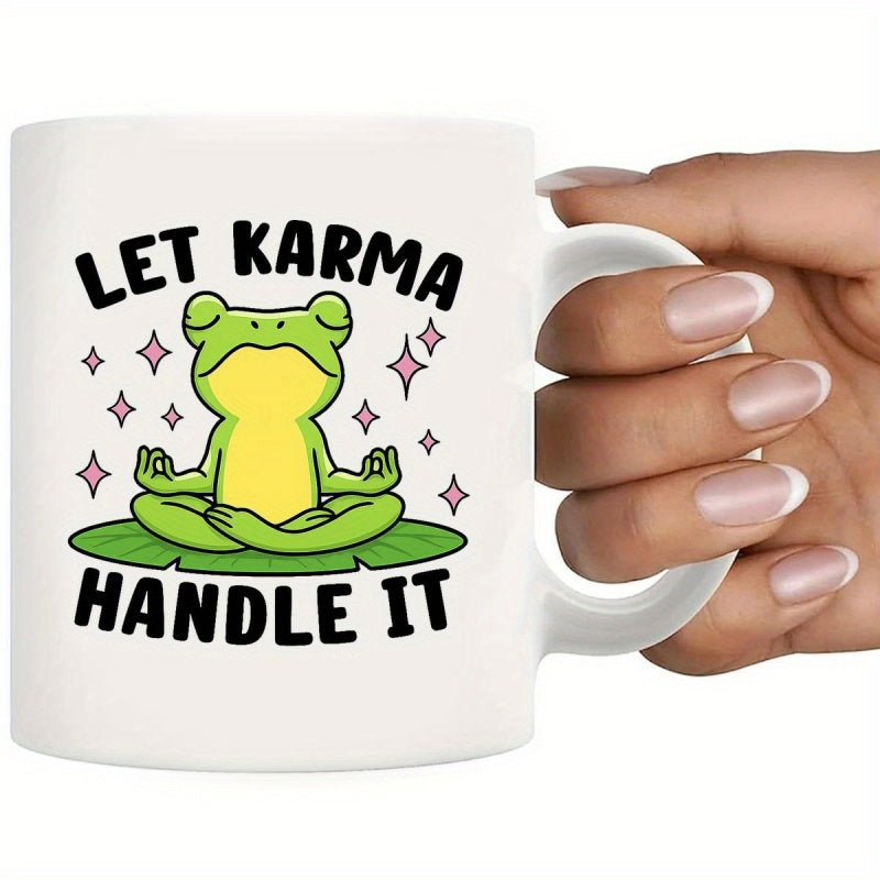 Tailorly White Ceramic 11 oz Mug - Let Karma Handle It Cute Green Meditating Frog Sitting On Lily Pad Under Pink Stars Frog