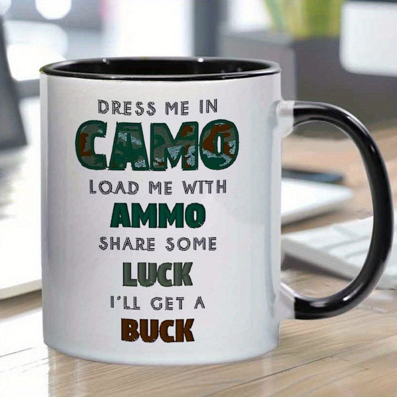 Tailorly Black Accent 11 oz Mug - camo pattern with military inspired text and design