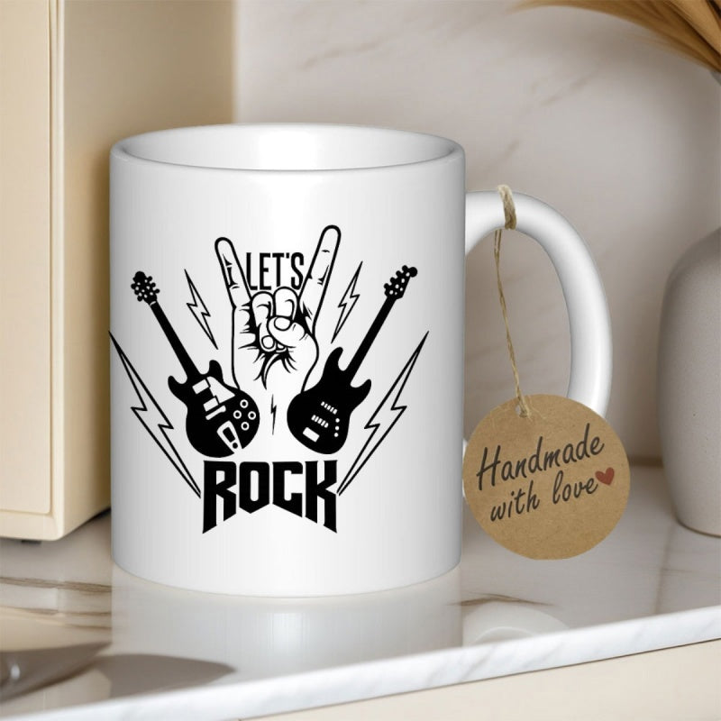 Tailorly White Ceramic 11 oz Mug - Lets Rock Electric Guitars And Lightning Bolts Surrounding A Rocking Hand