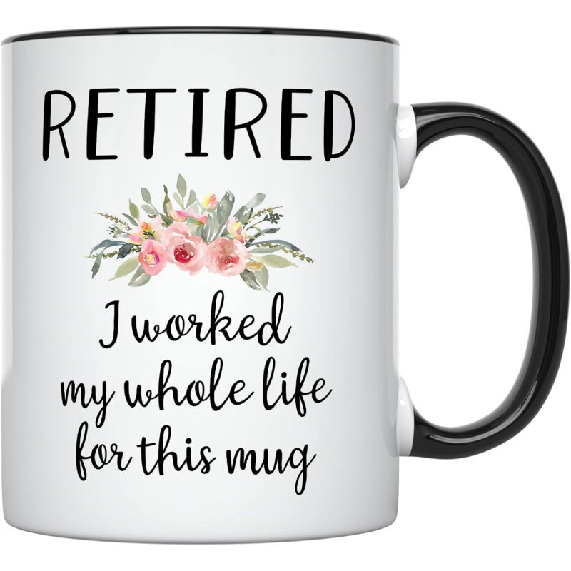 Tailorly Black Accent 11 oz Mug - womens retirement cup with text "happy retirement"