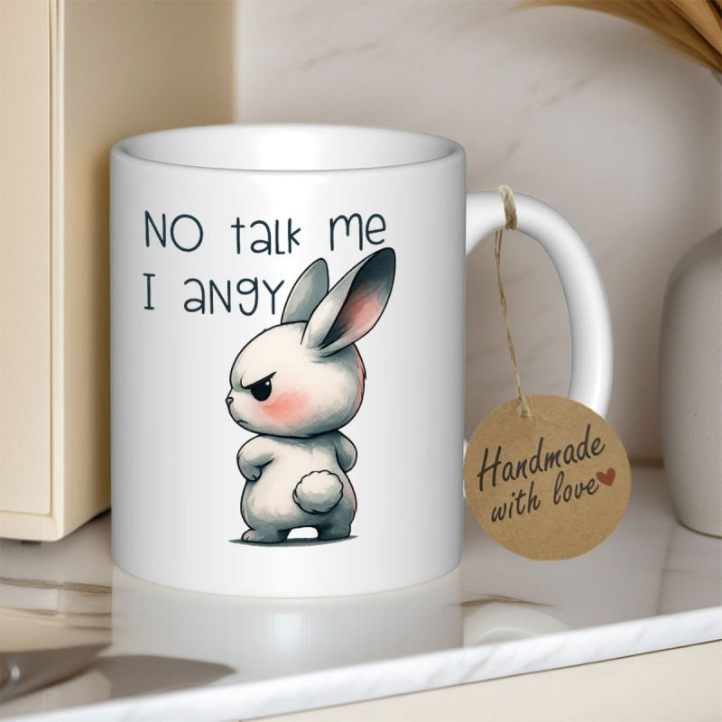 Tailorly White Ceramic 11 oz Mug - No Talk Me I Angy Small Grumpy White Character Looking Back With Rosy Pink Cheeks Rabbit