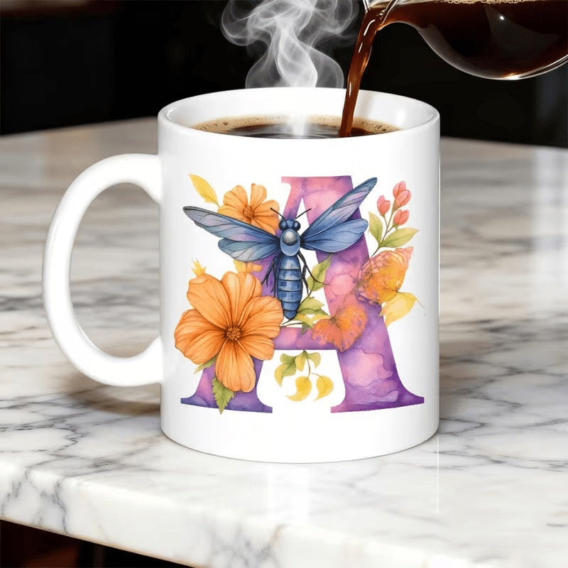 Tailorly White Ceramic 11 oz Mug - A Artistic Purple Watercolor Floral Design Featuring Vibrant Orange Flowers And Blue Bee Letter