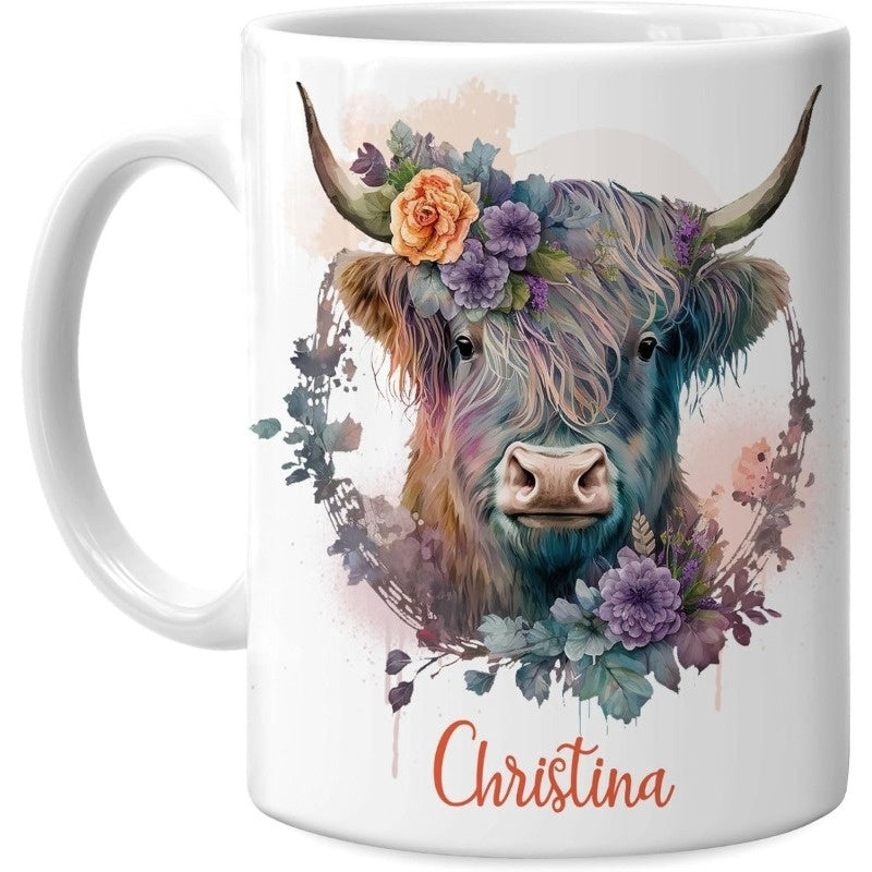 Tailorly White Ceramic 11 oz Mug - Christina Artistic Watercolor Floral Wreath Featuring A Majestic Furry Highland Cow