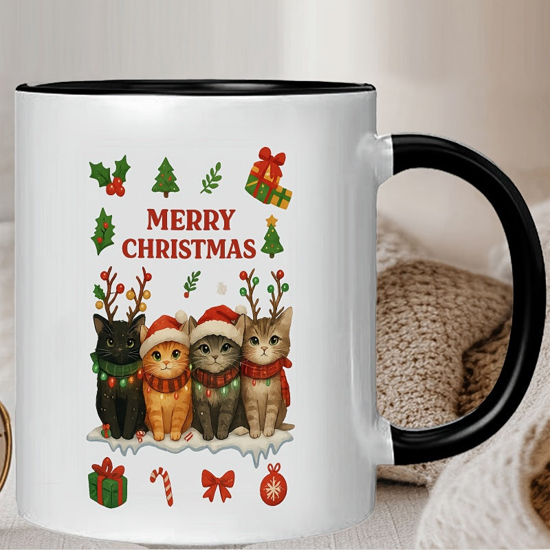 Tailorly Black Accent 11 oz Mug - festive christmas cat wearing santa hat and reindeer antlers with holiday elements