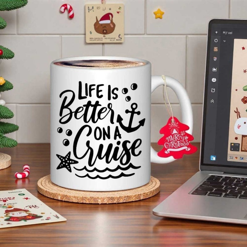 Tailorly White Ceramic 11 oz Mug - Life Is Better On A Cruise Artistic Nautical Design With Starfish And Waves Floating Among Ocean Bubbles Anchor