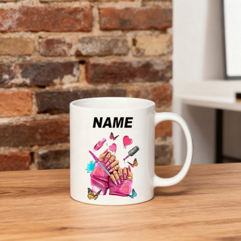 Tailorly White Ceramic 11 oz Mug - Name Artistic Design With Pink Butterflies And Professional Manicure Tools Hand