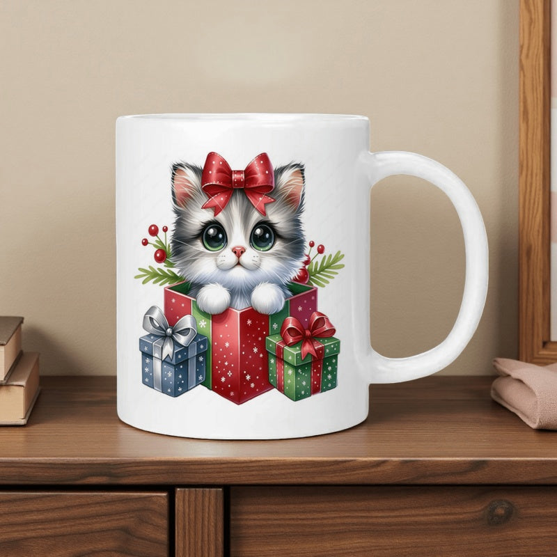 Tailorly White Ceramic 11 oz Mug - Adorable Small Kitten Wearing Red Bow Inside Colorful Holiday Present Boxes Cat