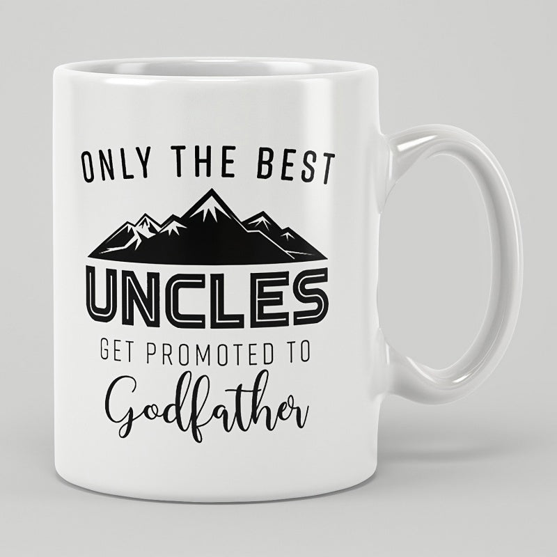 Tailorly White Ceramic 11 oz Mug - Only The Best Uncles Get Promoted To Godfather Simple Minimalist Black Silhouette Of Rugged Snow Capped Sharp Peaks Mountain