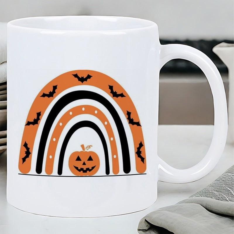 Tailorly White Ceramic 11 oz Mug - Stylized Halloween Arches Featuring Flying Bats And A Carved Smiling Pumpkin Rainbow