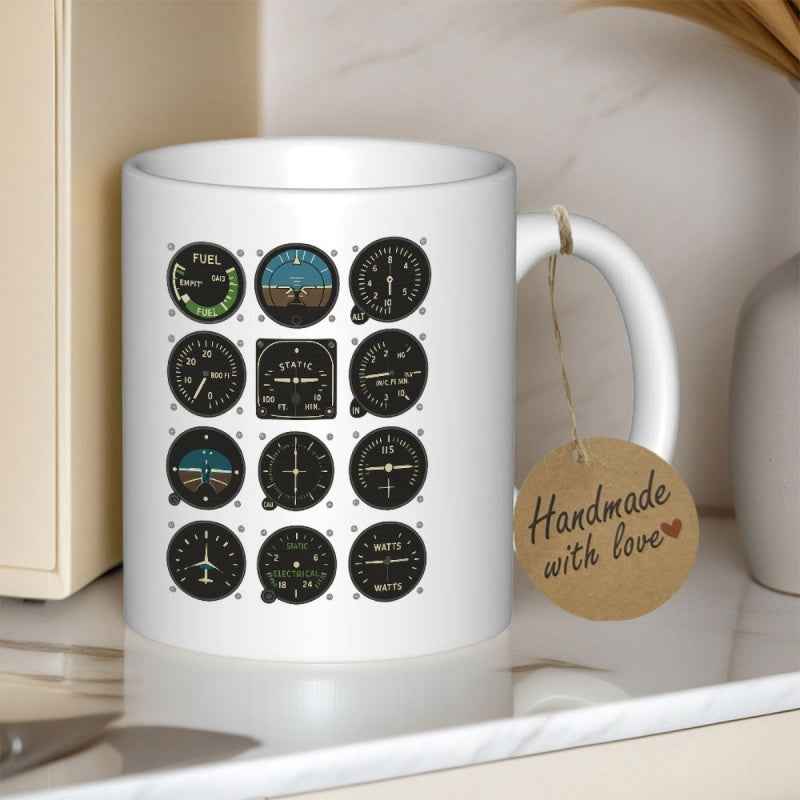 Tailorly White Ceramic 11 oz Mug - Detailed Vintage Aviation Gauges Arranged In A Structured Grid Pattern For Pilots Instrument Panel