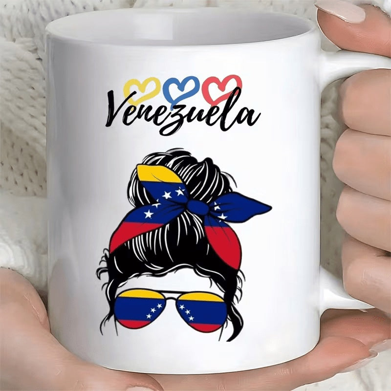 Tailorly White Ceramic 11 oz Mug - Venezuela Patriotic Messy Bun Wearing Flag Pattern Bandana And Sunglasses Woman