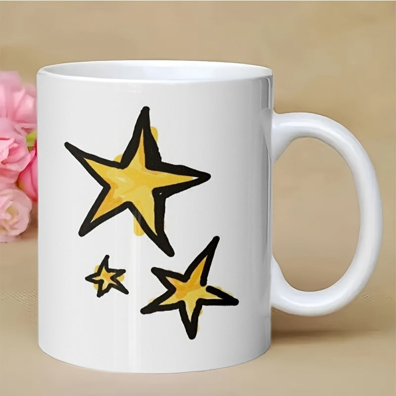 Tailorly White Ceramic 11 oz Mug - Hand Drawn Yellow Celestial Bodies Shining Brightly Against A White Background Star