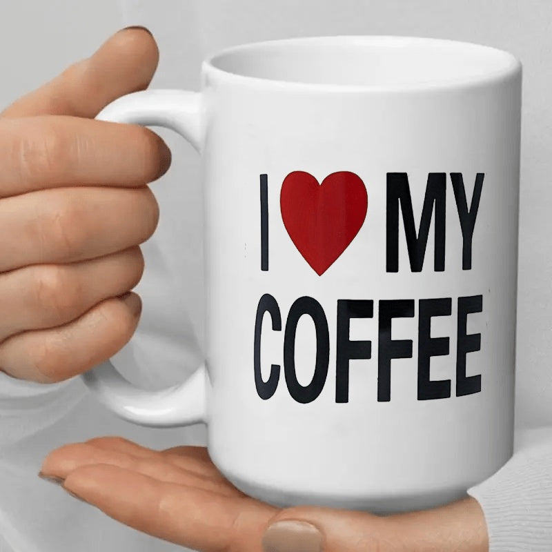 Tailorly White Ceramic 11 oz Mug - I Love My Coffee Classic Red Heart Symbol Among Bold Modern Black Typography Decorative Coffee
