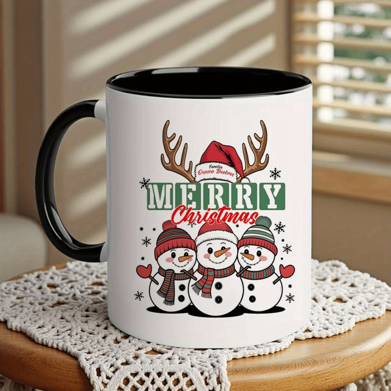 Tailorly Black Accent 11 oz Mug - christmas snowman and 3 reindeer