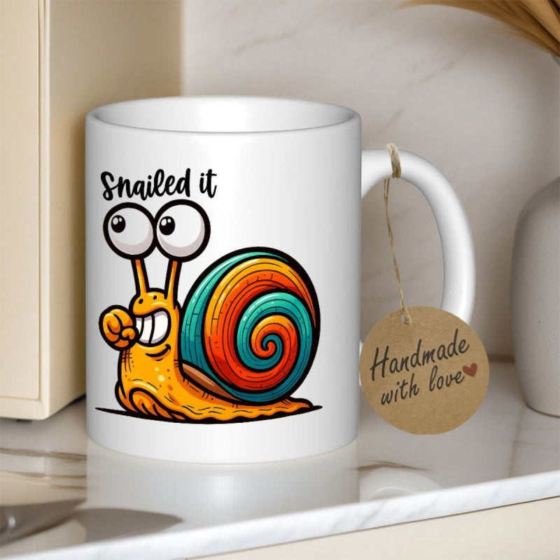 Tailorly White Ceramic 11 oz Mug - Snailed It Cheerful Cartoon With Vibrant Colorful Spiral Shell And Large Googly Eyes Snail