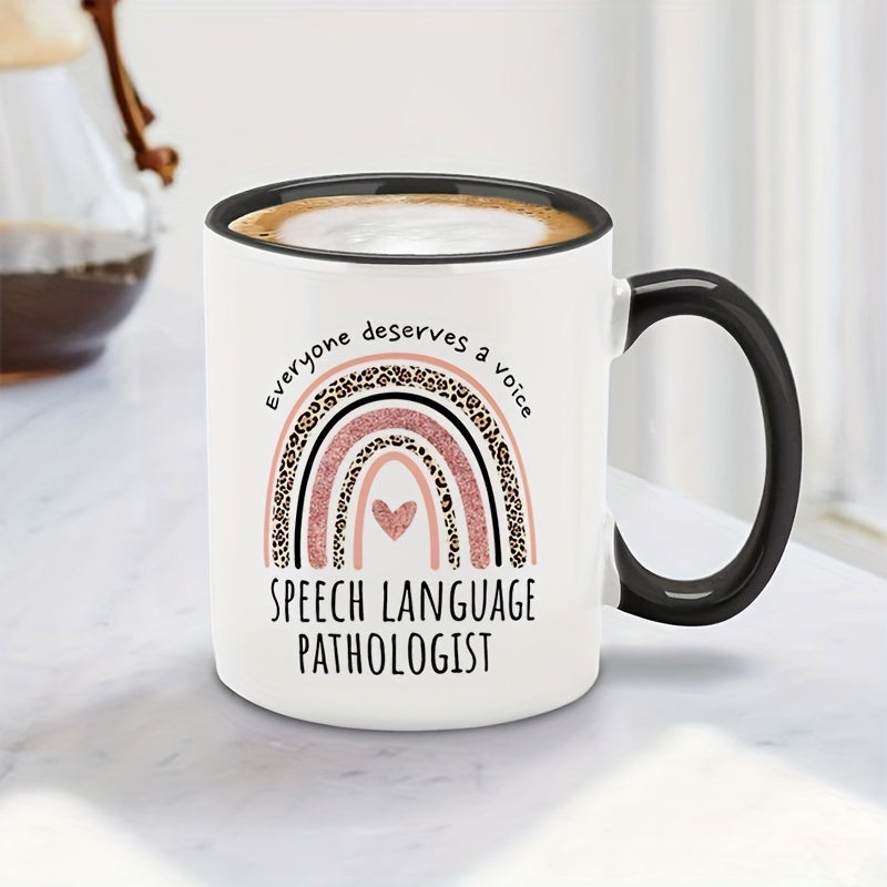Tailorly Black Accent 11 oz Mug - everyone right to speak designer SLP mug coffee cup female voice language pathologist mug black hand