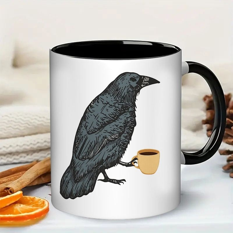 Tailorly Black Accent 11 oz Mug - a crow with a coffee cup design