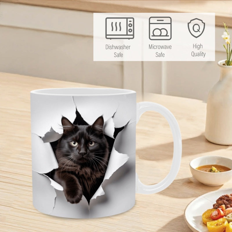 Tailorly White Ceramic 11 oz Mug - Realistic Black Feline Peeking Through Torn White Paper 3D Effect Cat