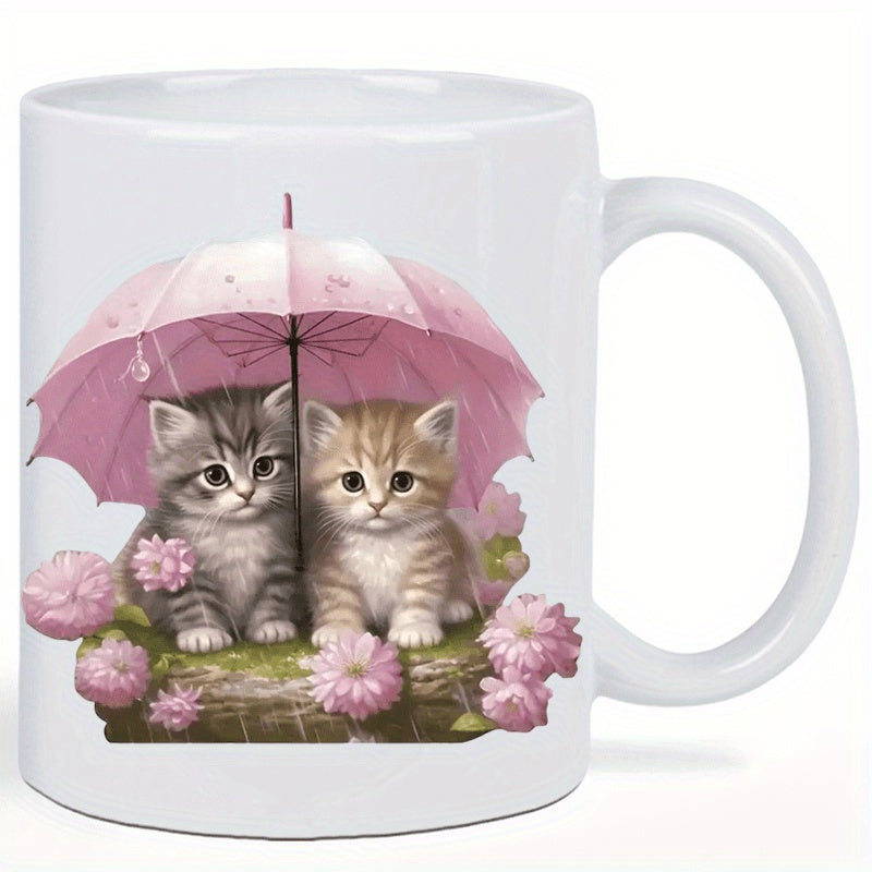 Tailorly White Ceramic 11 oz Mug - Adorable Fluffy Sitting Under Pink Umbrella Among Blooming Spring Flowers Kittens