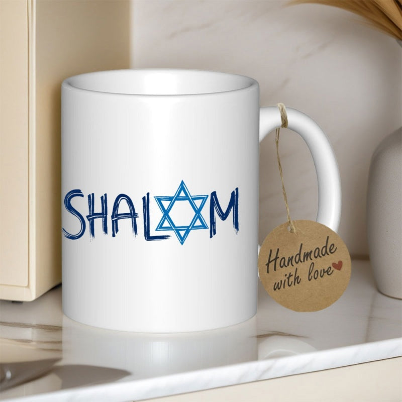 Tailorly White Ceramic 11 oz Mug - Shalom Blue Artistic Hand Drawn Brush Strokes With Religious Star Symbol Mug