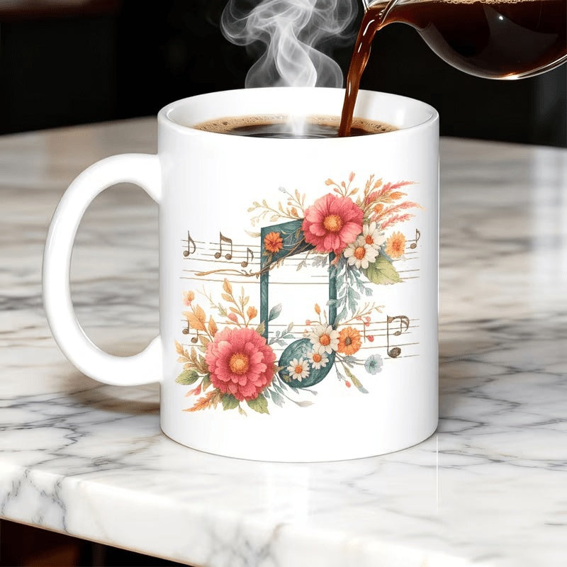 Tailorly White Ceramic 11 oz Mug - Vibrant Watercolor Flowers With Blooming Petals Surrounding A Graceful Musical Note