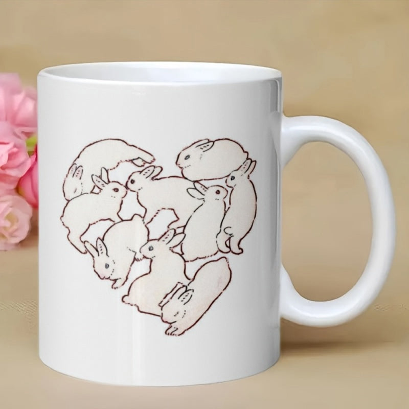 Tailorly White Ceramic 11 oz Mug - Cute Hand Drawn Sketch Style Multiple Playful Small Heart Shaped Rabbit