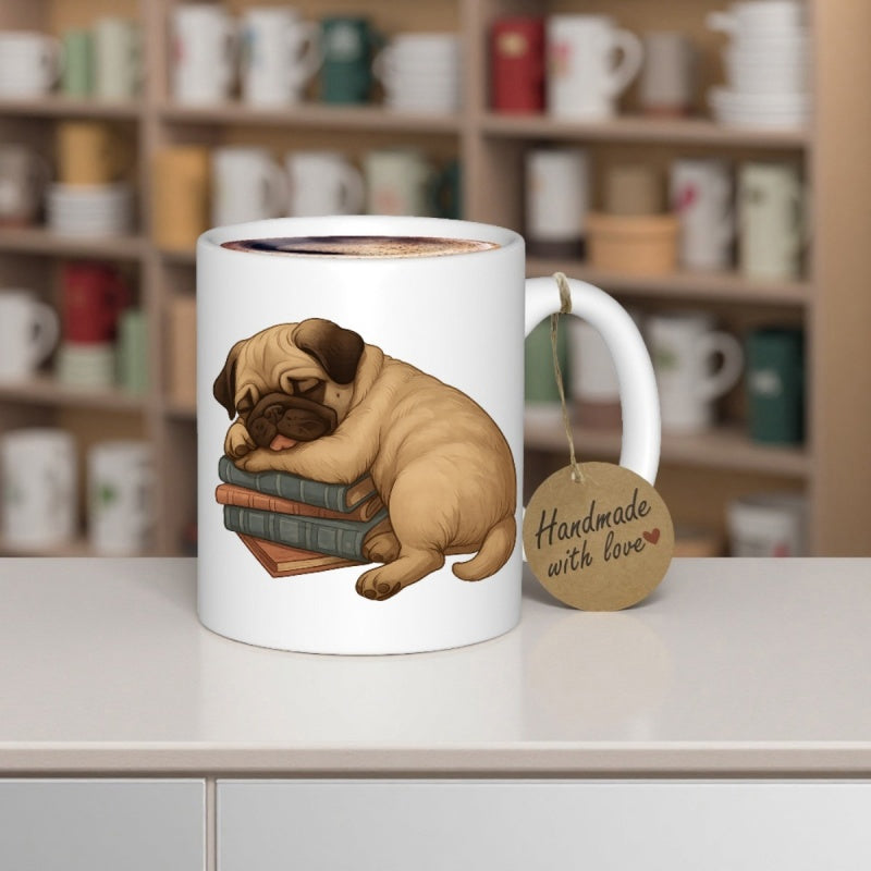 Tailorly White Ceramic 11 oz Mug - Handmade With Love Adorable Sleeping Tan Pug Resting Peacefully On A Stack Of Books Pug
