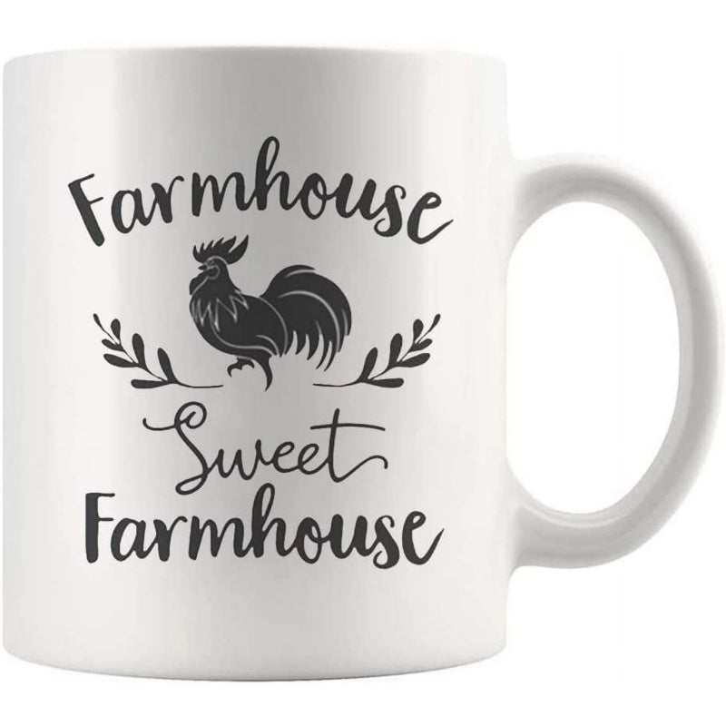Tailorly White Ceramic 11 oz Mug - Farmhouse Sweet Farmhouse Rustic Country Style With Elegant Leaves In Classic Minimalist Design Rooster