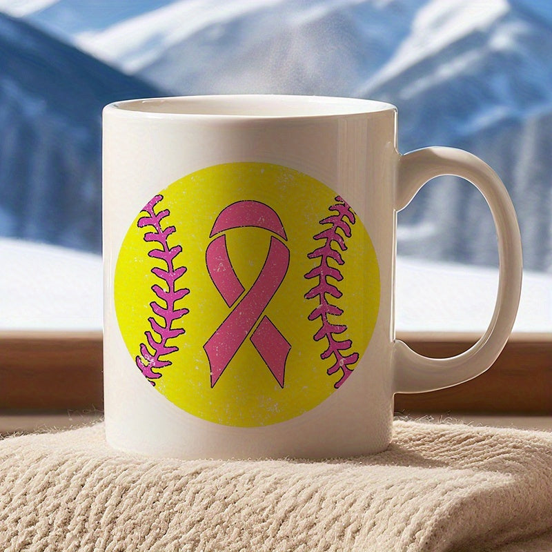 Tailorly White Ceramic 11 oz Mug - Vibrant Yellow Awareness Ribbon Pattern On A Classic Sports Softball