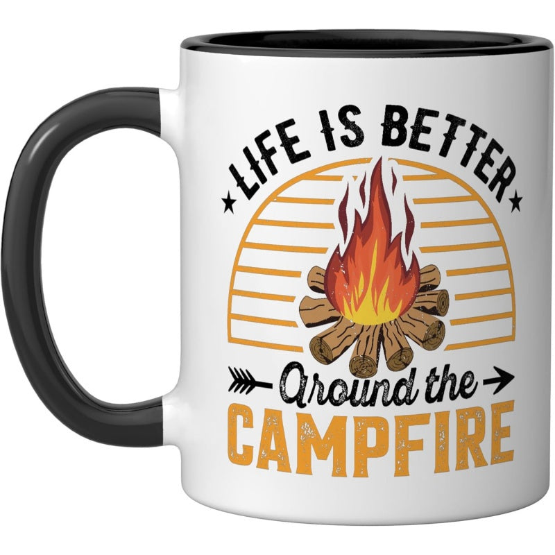 Tailorly Black Accent 11 oz Mug - around the campfire illustration in black and white