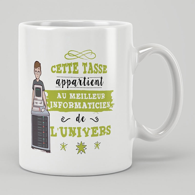 Tailorly White Ceramic 11 oz Mug - Cartoon Man Wearing Glasses Standing Beside Large Modern Computer Data Server Programmer